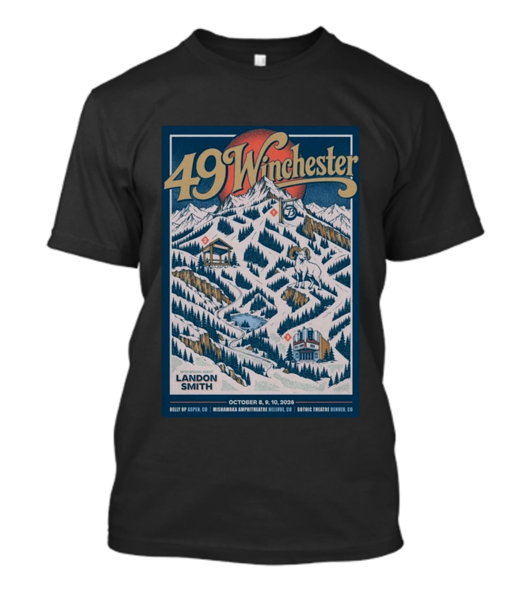 49 Winchester Aspen CO Landon Smith October 8 10 2026 Mishawaka Amphitheatre Belly Up Gothic Theatre Denver T-Shirt