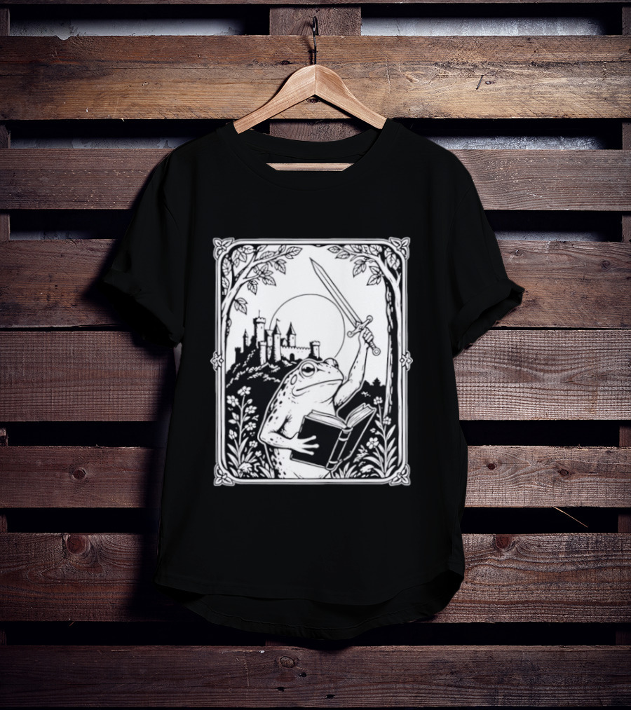 Warrior Frog Reading Book With Sword And Castle In Black And White Scene T-Shirt