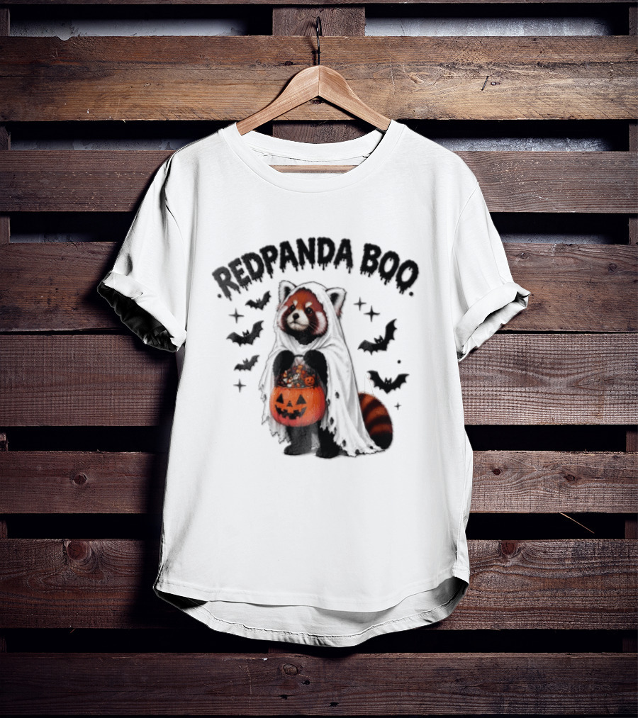 Redpanda Boo Cute Red Panda Costume With Pumpkin Candy Bucket And Bats T-Shirt