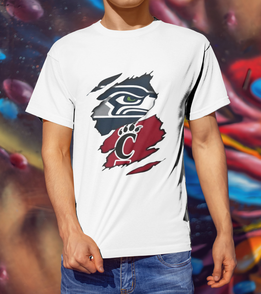 Seattle Seahawks Cincinnati Bearcats Ripped Fabric Fan T-Shirt