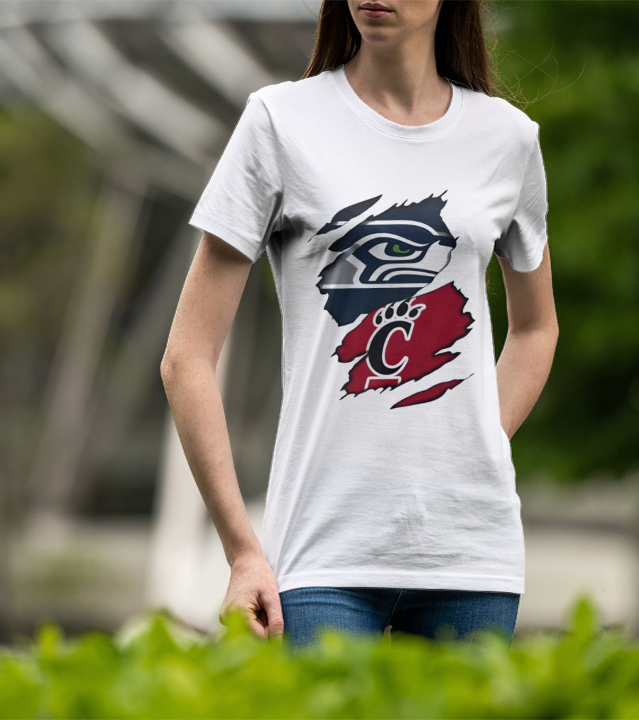 Seattle Seahawks Cincinnati Bearcats Ripped Fabric Fan T-Shirt