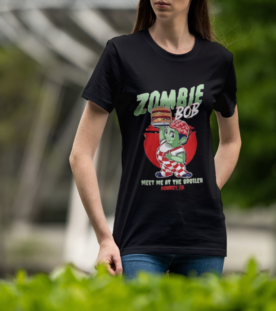 Zombie Bob Meet Me At The Broiler Downey CA Green With Exposed Brain T-Shirt