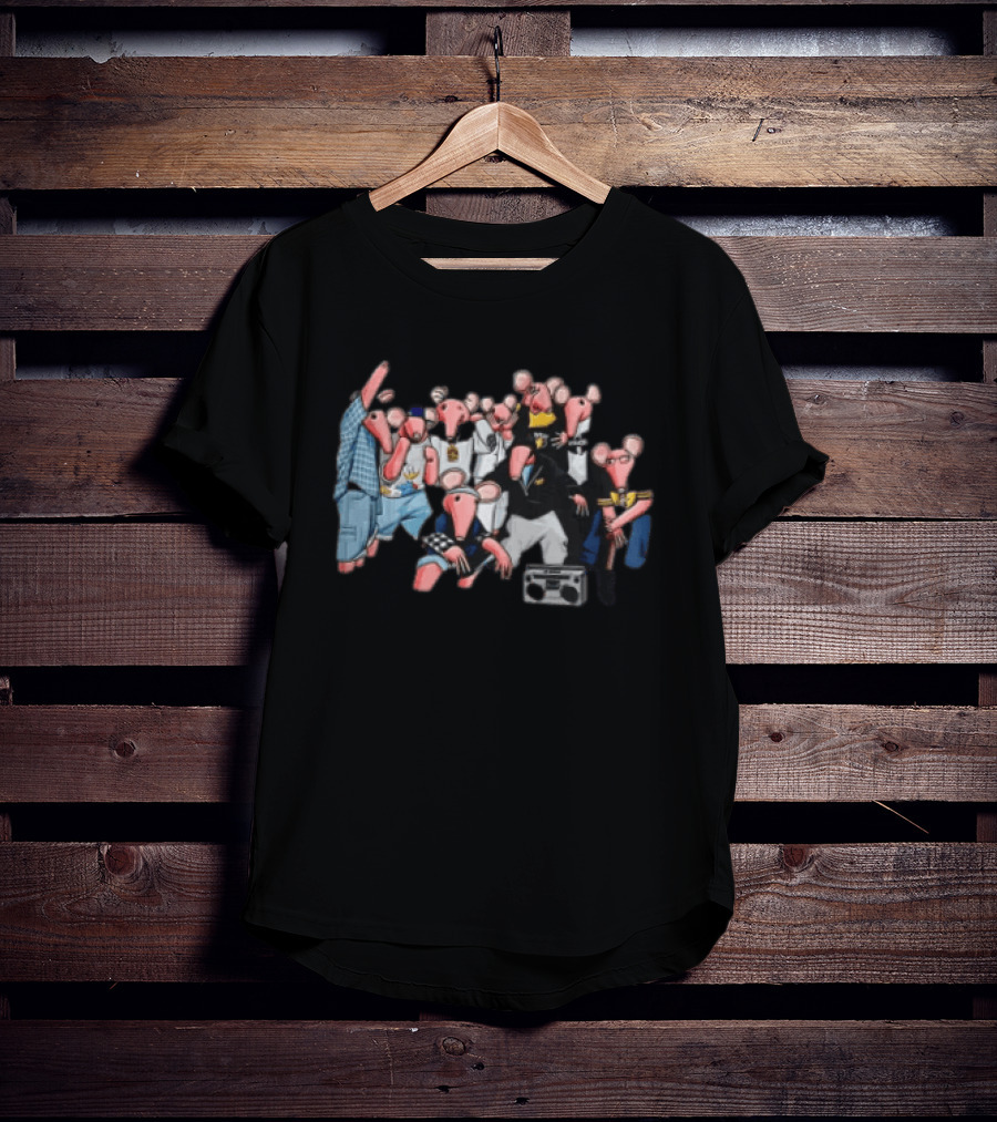 Group Of Pink Anthropomorphic Rats In Hip Hop Streetwear With Boombox T-Shirt