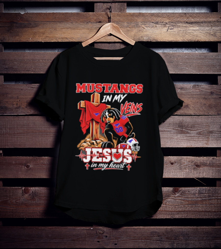 Mustangs In My Veins Football Faith Jesus In My Heart T-Shirt