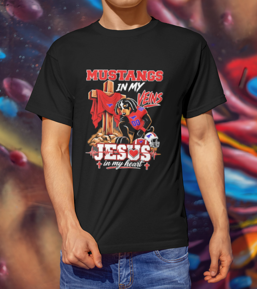 Mustangs In My Veins Football Faith Jesus In My Heart T-Shirt
