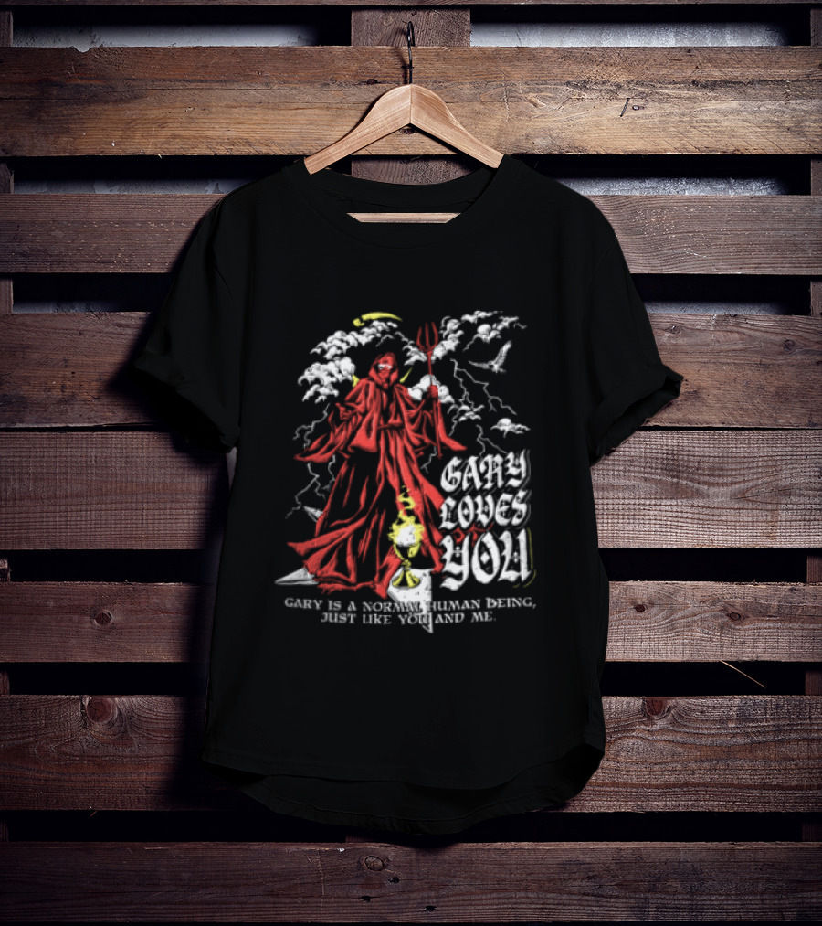 Gary Loves You Gary Is A Normal Human Being Just Like You And Me Red Cloaked Figure With Lightning And Clouds T-Shirt