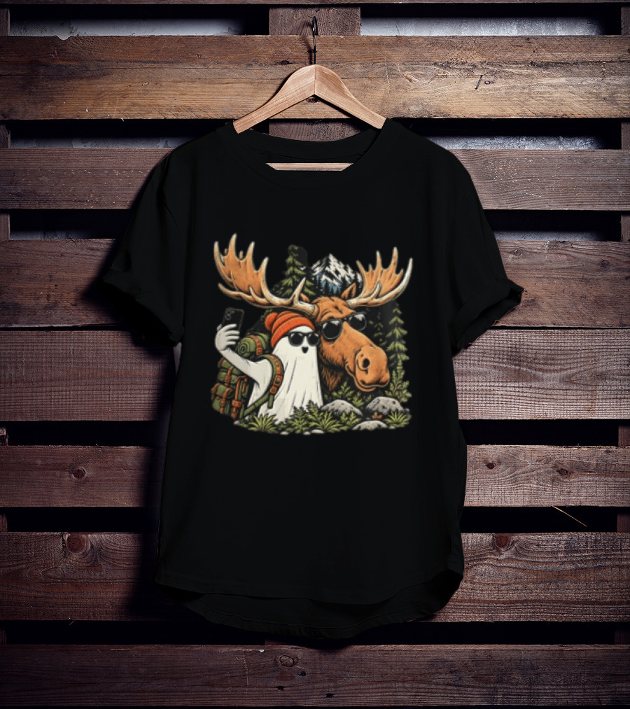 Ghost Backpack Selfie With Moose In Forest Adventure Scene T-Shirt