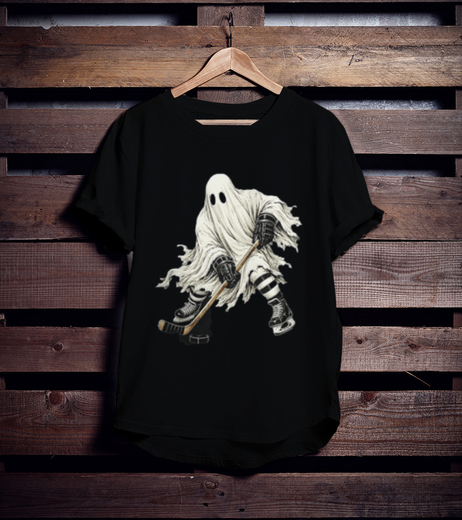 Halloween Ghost Playing Ice Hockey Costume Fun T-Shirt