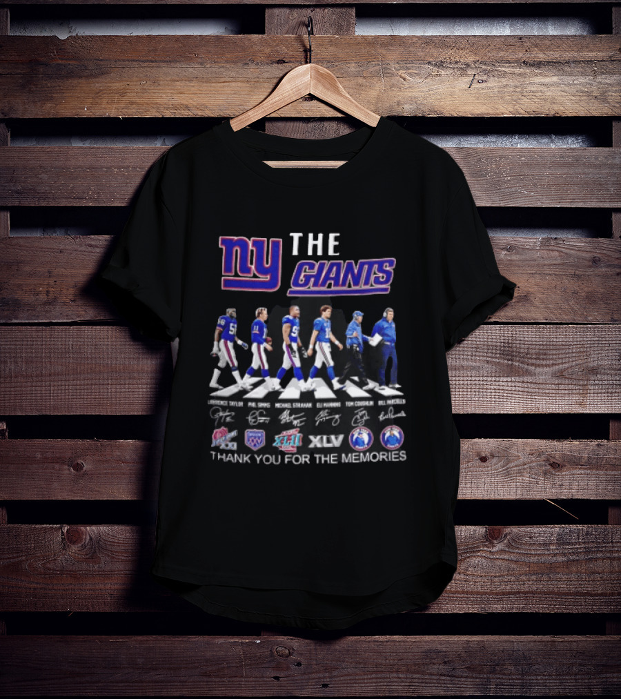 New York Giants Legends Lawrence Taylor Phil Simms Michael Strahan Eli Manning Tom Coughlin Bill Parcells Thank You For The Memories T-Shirt