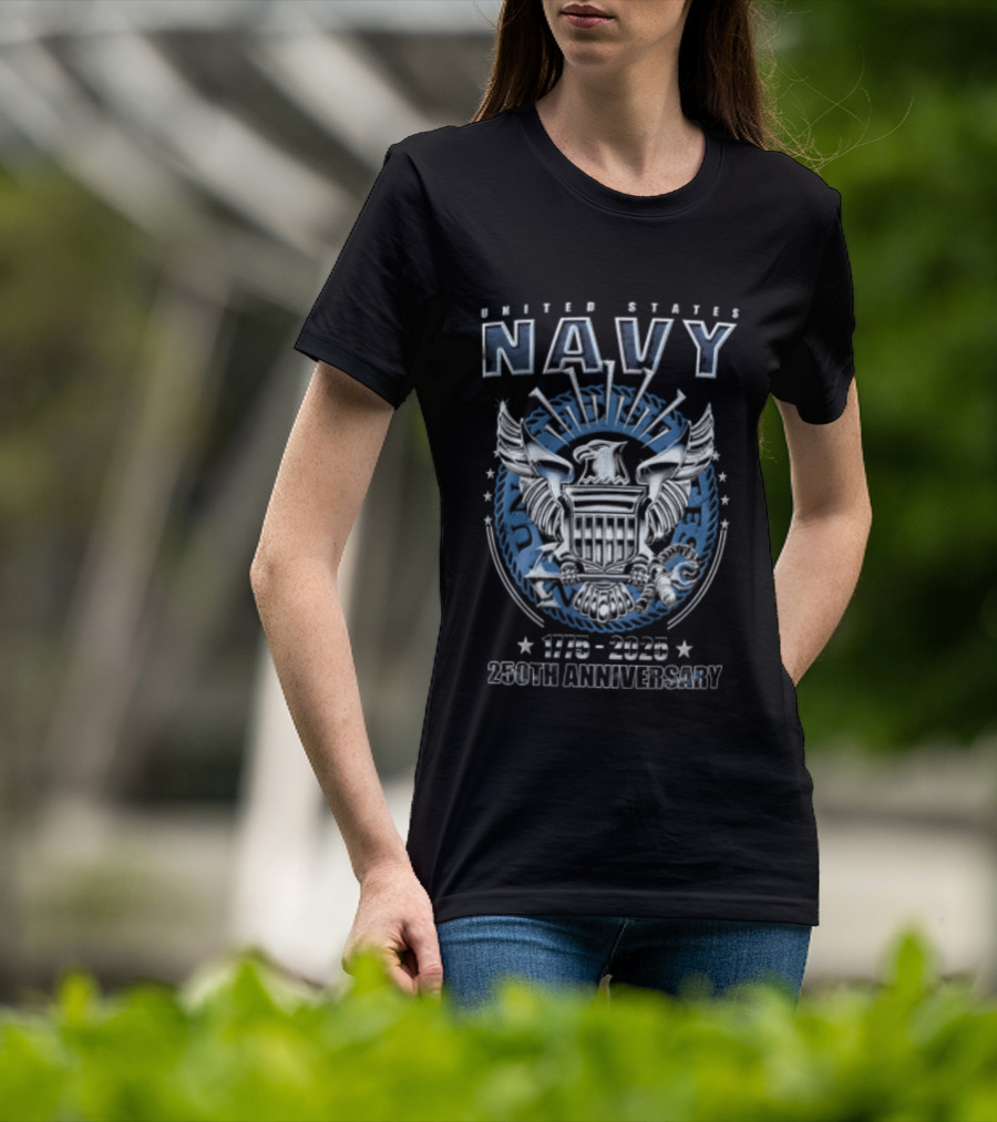 United States Navy 1775 2025 250th Anniversary Silver Eagle Holding Shield T-Shirt