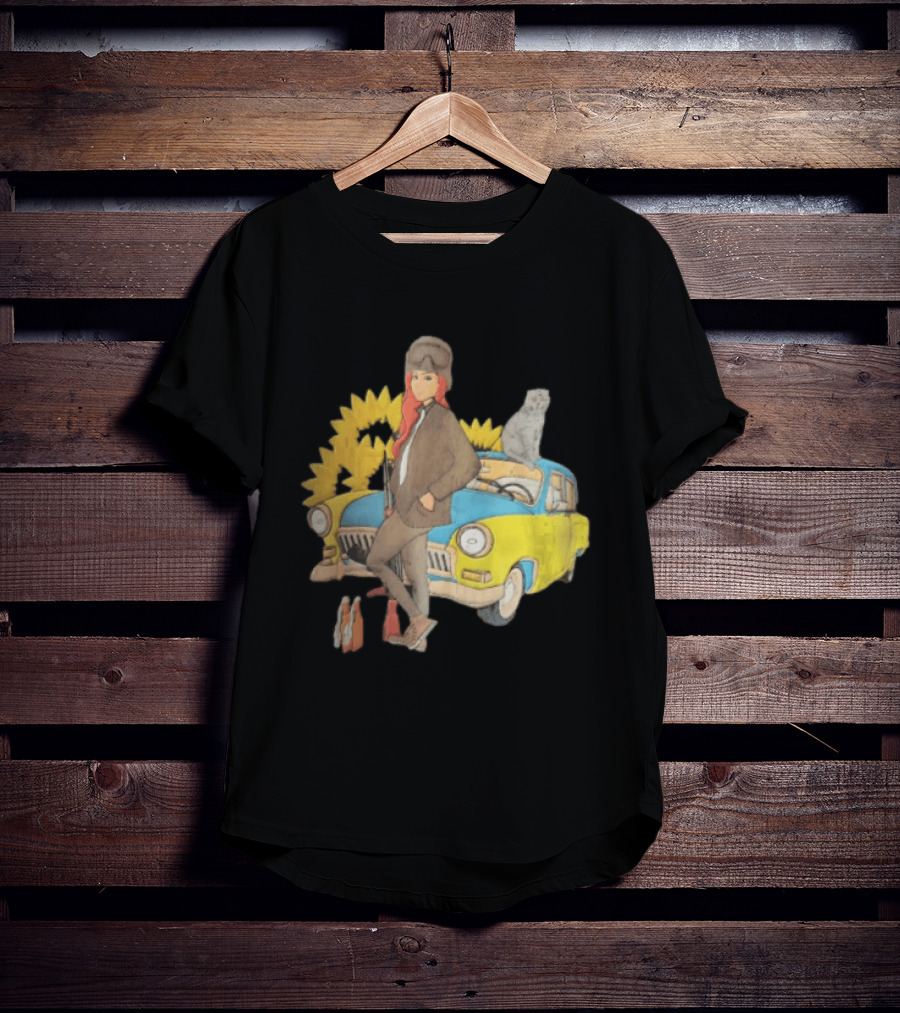 Woman Soldier With Cat On Vintage Car And Sunflowers T-Shirt