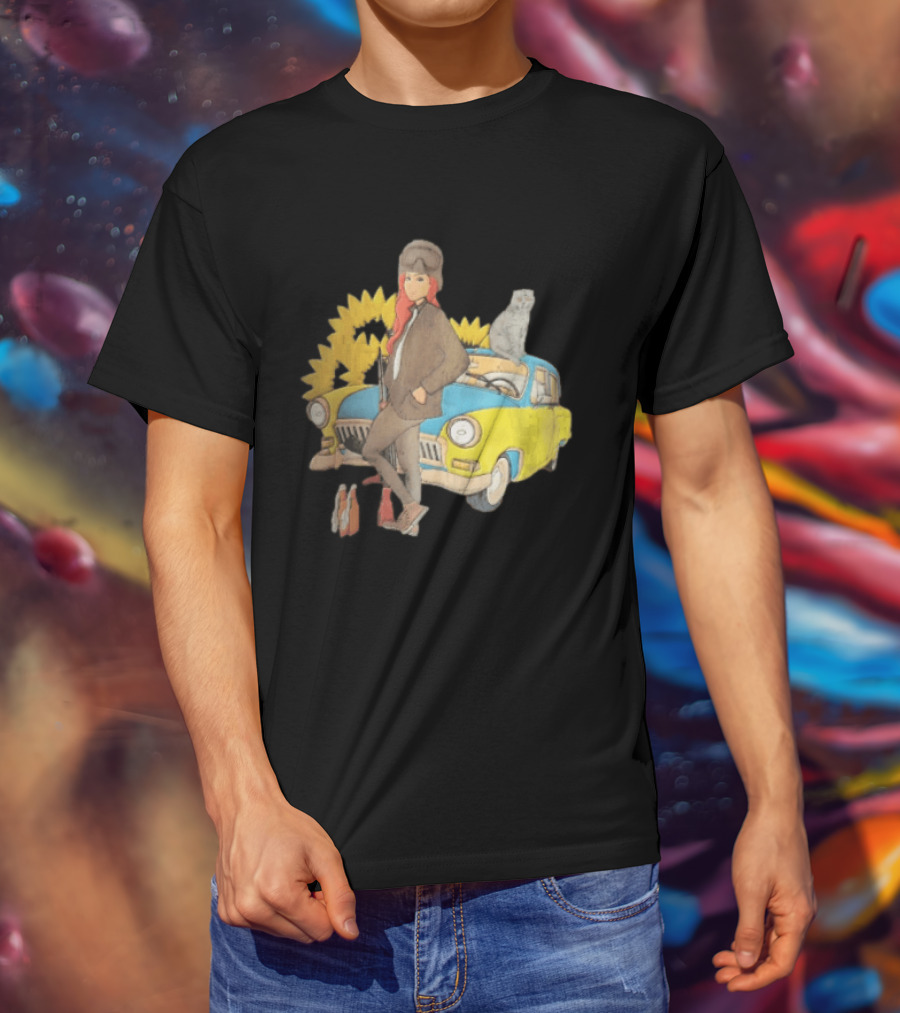Woman Soldier With Cat On Vintage Car And Sunflowers T-Shirt
