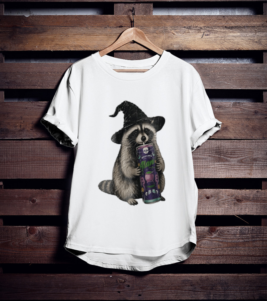 Alani Witches Brew Raccoon Witch Hat Can Holding T-Shirt