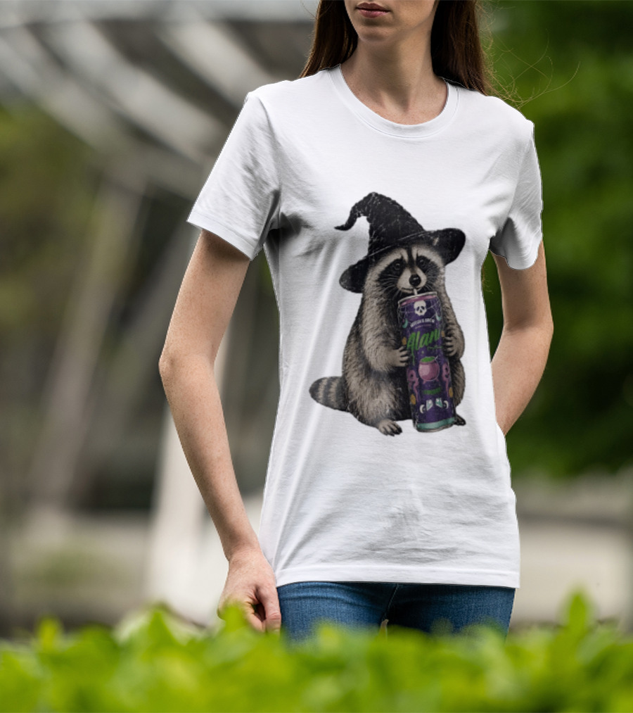 Alani Witches Brew Raccoon Witch Hat Can Holding T-Shirt
