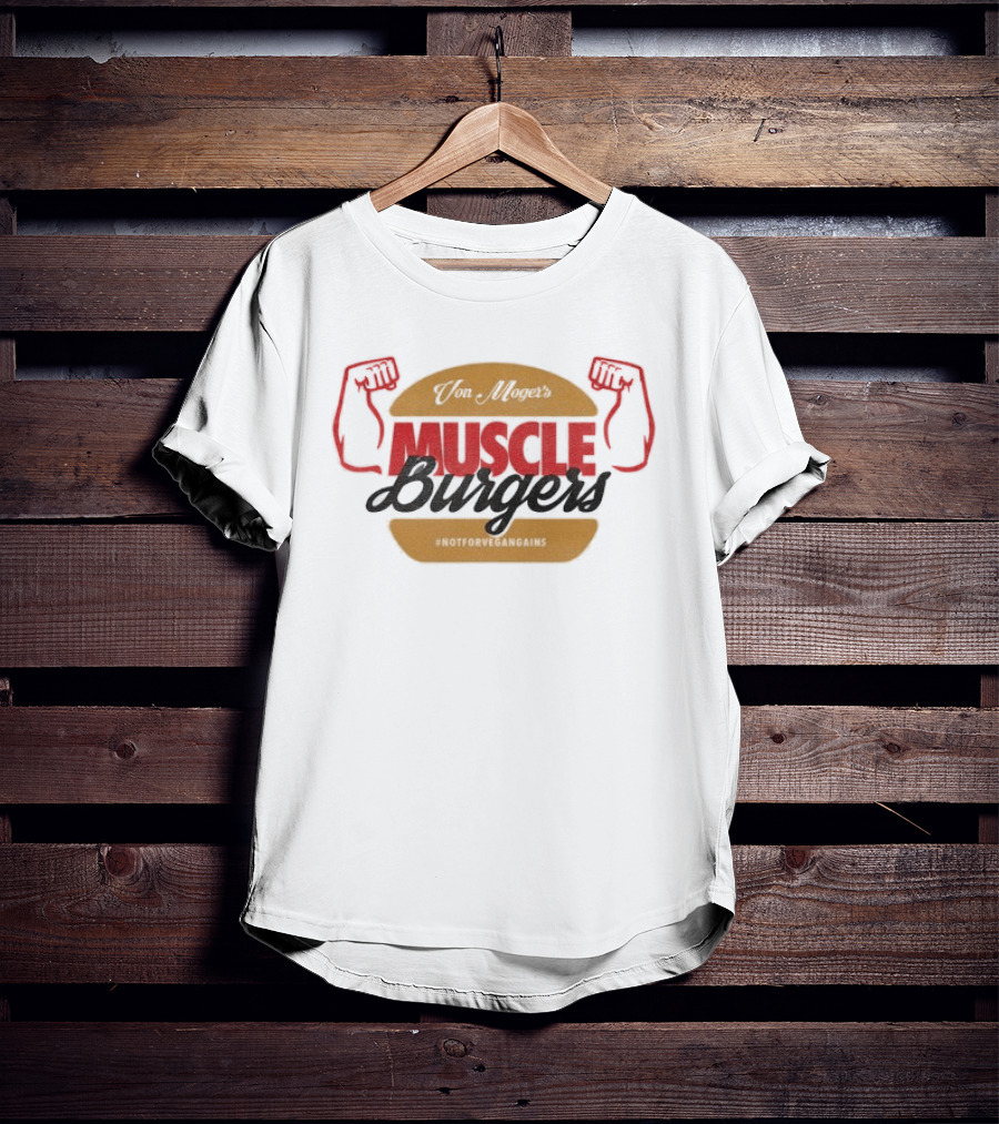 Calum Von Moger Muscle Burgers Flexing Arms Brown And Red Burger T-Shirt