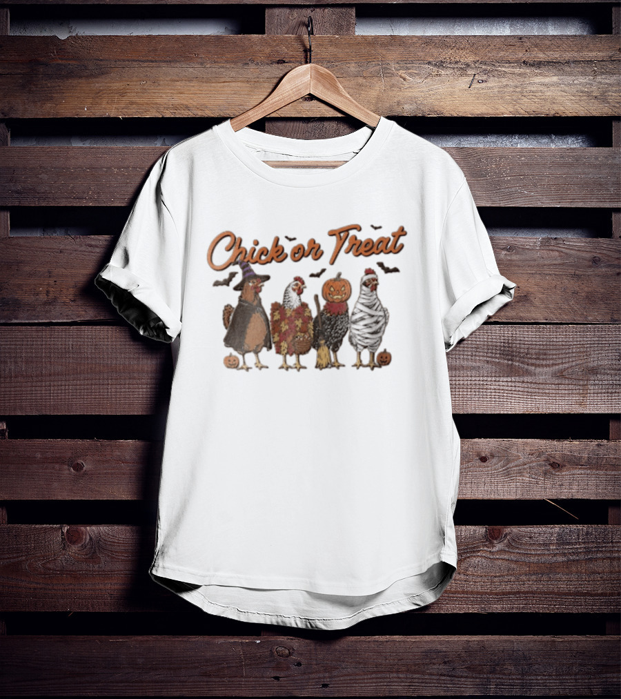 Chick Or Treat Halloween Chickens In Witch Mummy Pumpkin Costumes With Autumn Leaves And Bats T-Shirt