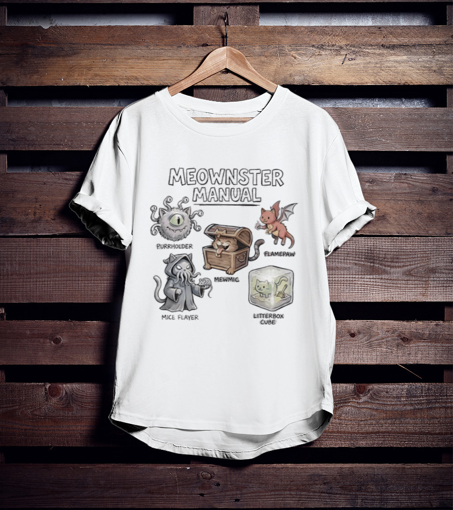 Meownster Manual Beholder Cat Cattack Mimic Abomination Cube Dragon Kitten T-Shirt