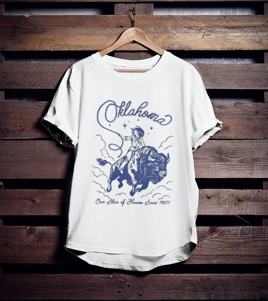 Oklahoma Our Slice Of Heaven Since 1907 Cowgirl Riding Buffalo T-Shirt