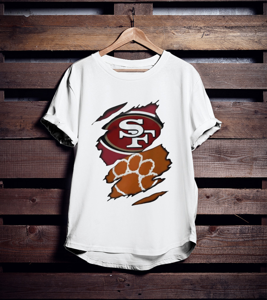 San Francisco 49ers SF And Clemson Tigers Paw Ripped Fabric T-Shirt