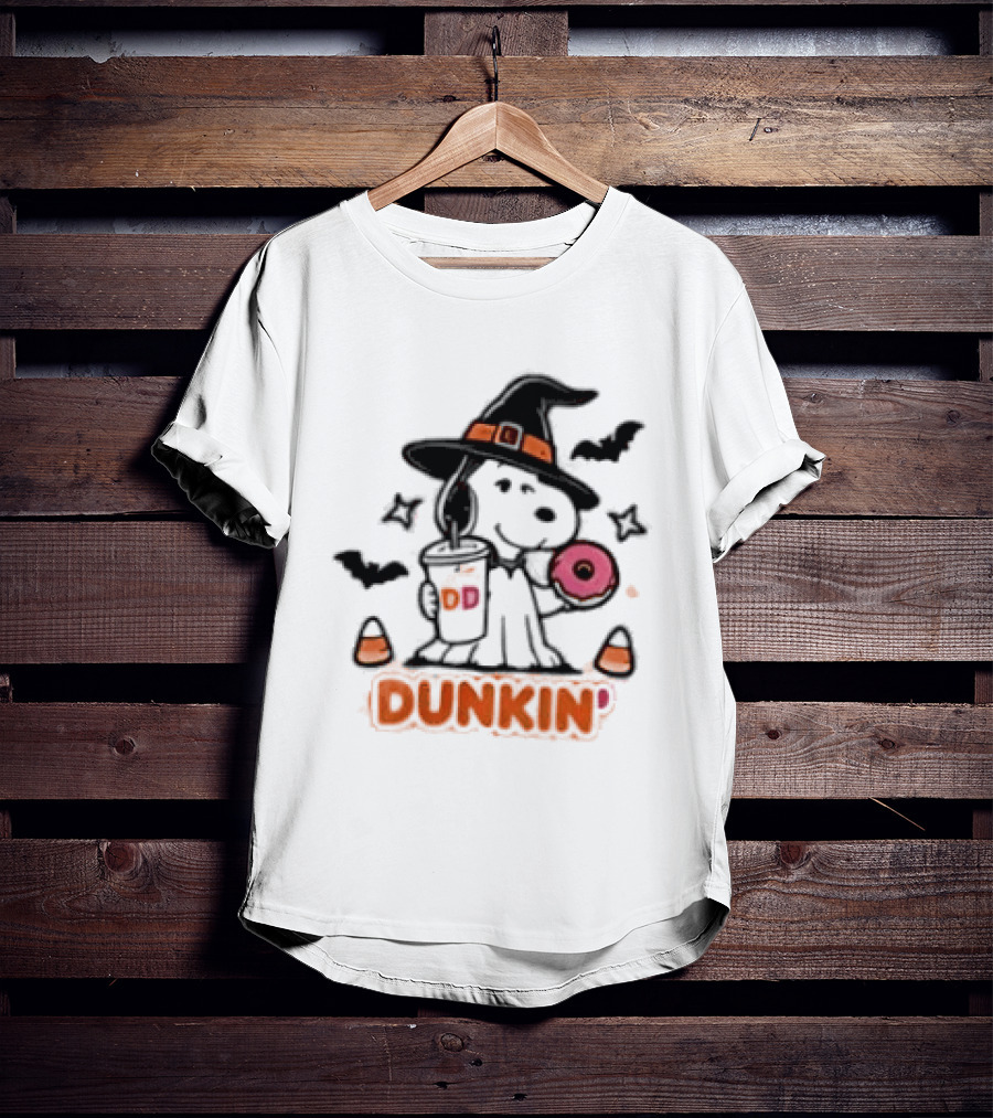 Snoopy Dunkin Donuts Halloween Witch Doughnut Coffee Cup Bats Candy Corn T-Shirt