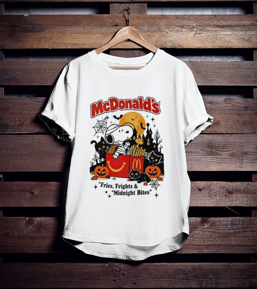 Snoopy McDonald's Halloween Fires Frights Midnight Bites Pumpkin Black Cat Moon T-Shirt
