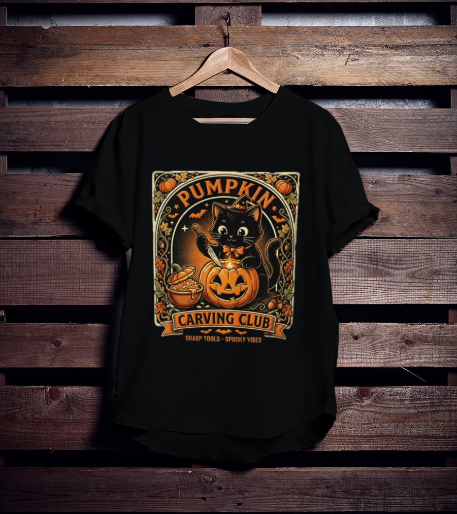 Pumpkin Carving Club Black Cat Sharp Tools Spooky Vibes T-Shirt
