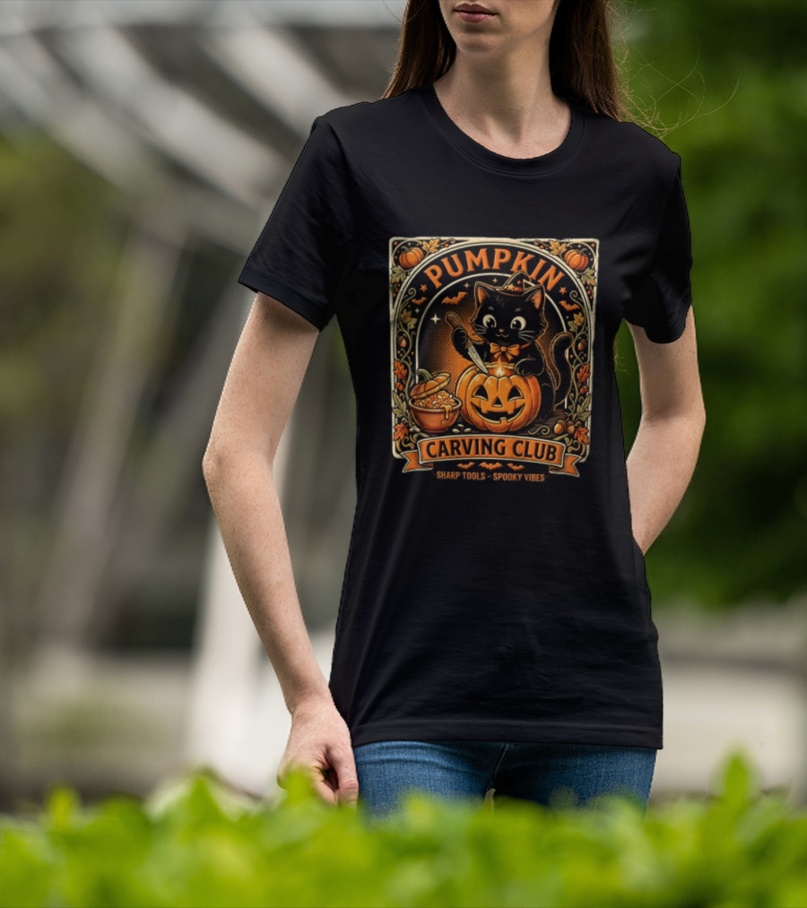 Pumpkin Carving Club Black Cat Sharp Tools Spooky Vibes T-Shirt
