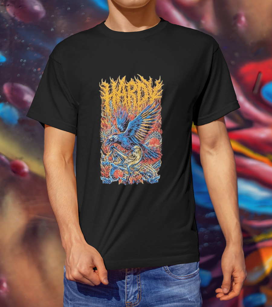 Hardy Blue And Yellow Birds With Fruit In Fiery Scene T-Shirt