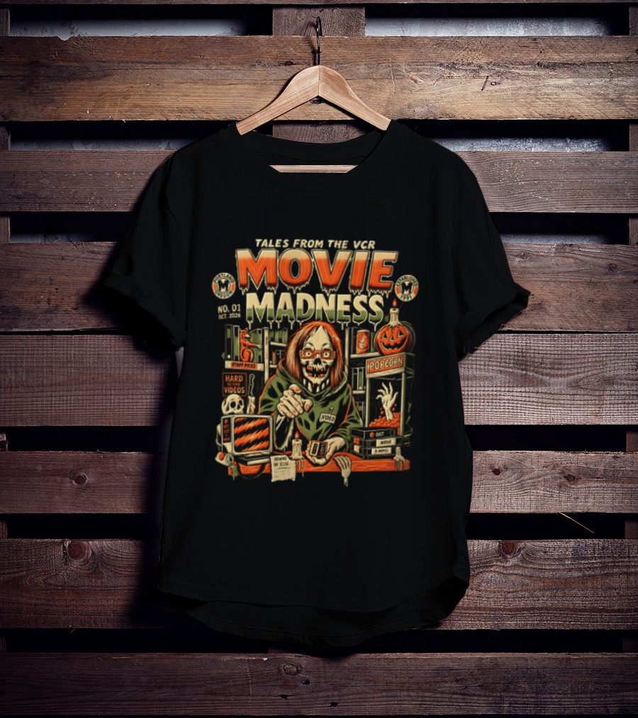 Tales From The VCR Movie Madness Halloween 2026 No. 01 October Horror Video Popcorn T-Shirt