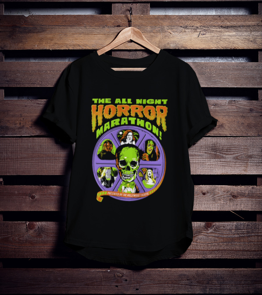 The All Night Horror Marathon Presented By The Hollywood Theatre Skulls And Monster Faces 2026 T-Shirt