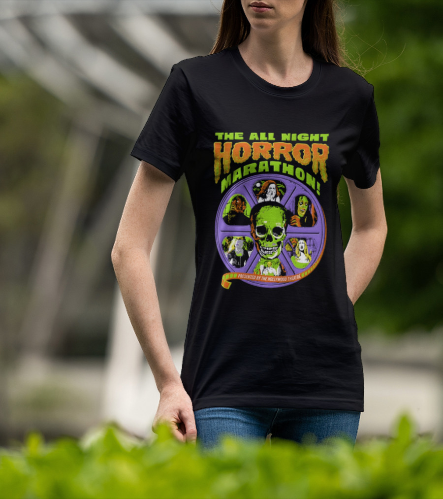 The All Night Horror Marathon Presented By The Hollywood Theatre Skulls And Monster Faces 2026 T-Shirt