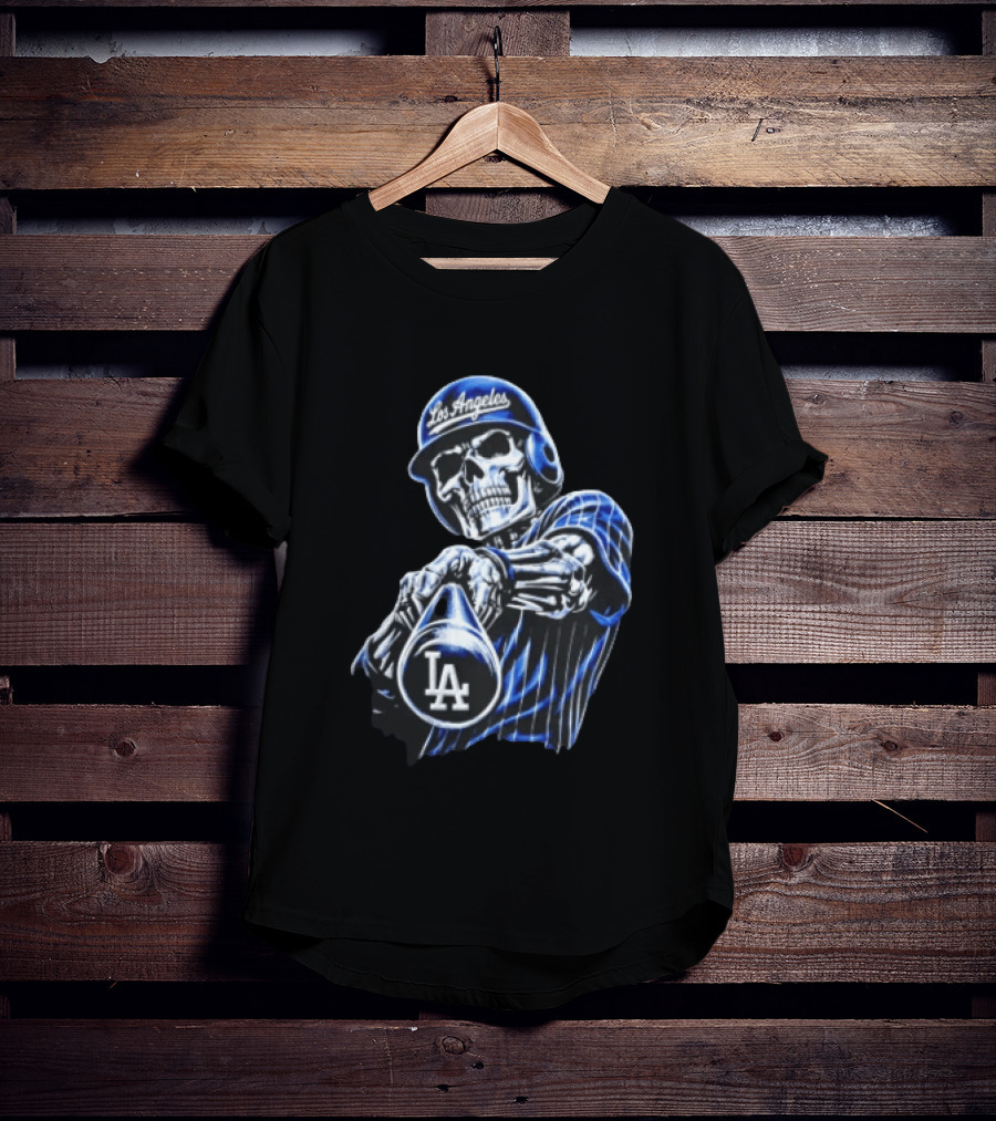 Los Angeles Dodgers Skeleton Baseball Player Pinstripe Jersey LA Cap T-Shirt
