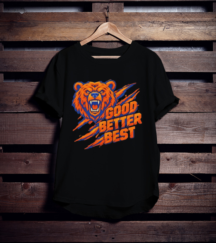 Good Better Best Grizzly Bear Claw Scratch Roaring Face Orange Blue T-Shirt