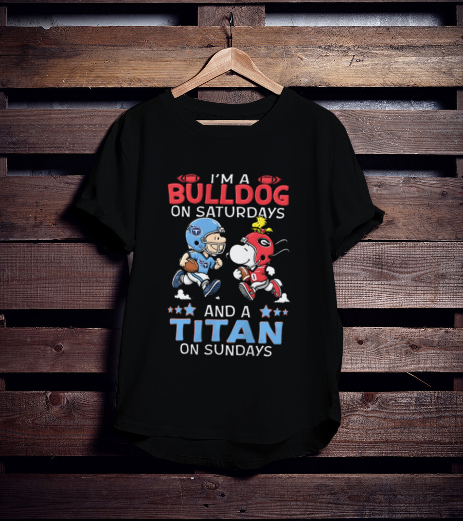 I'm A Bulldog On Saturdays And A Titan On Sundays Charlie Brown Snoopy Woodstock T-Shirt