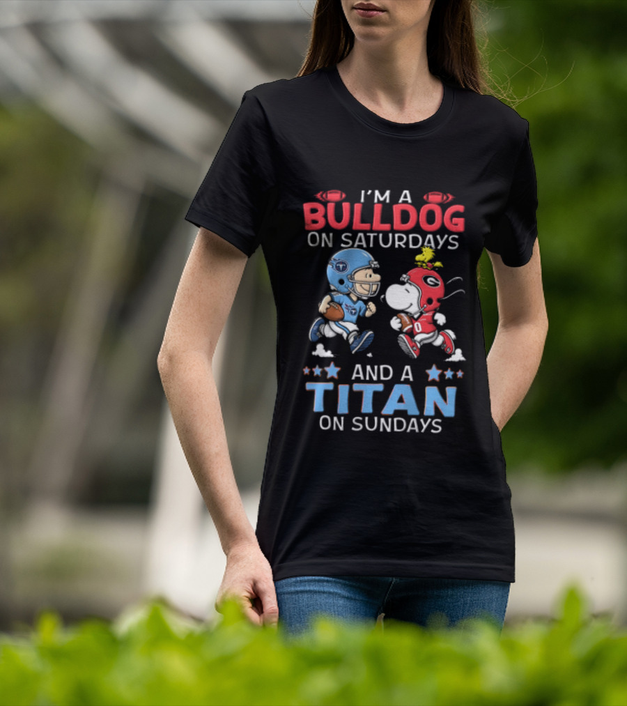 I'm A Bulldog On Saturdays And A Titan On Sundays Charlie Brown Snoopy Woodstock T-Shirt