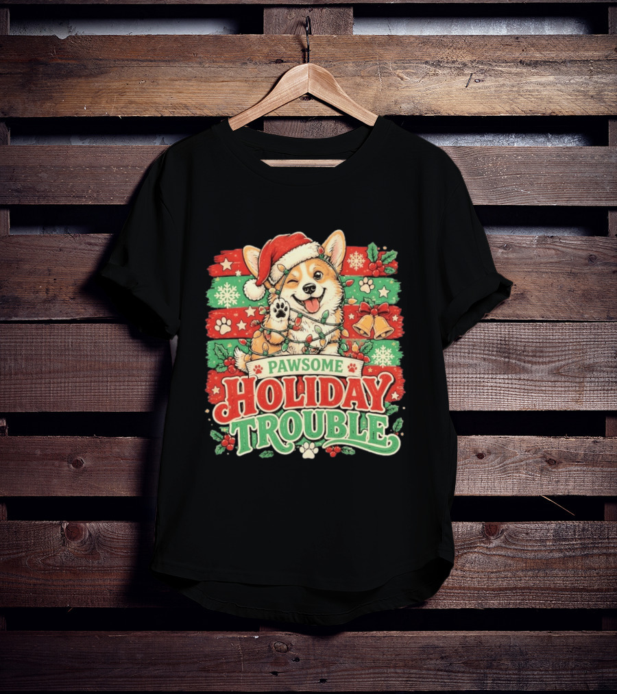 Pawsome Corgi Santa Hat Holiday Trouble Christmas Lights T-Shirt