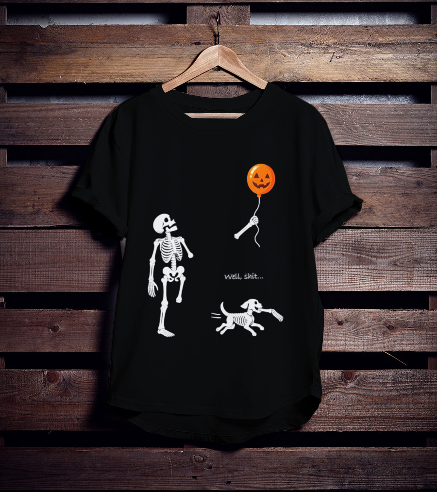 Skeleton Losing Halloween Pumpkin Balloon To Dog Well Shit T-Shirt