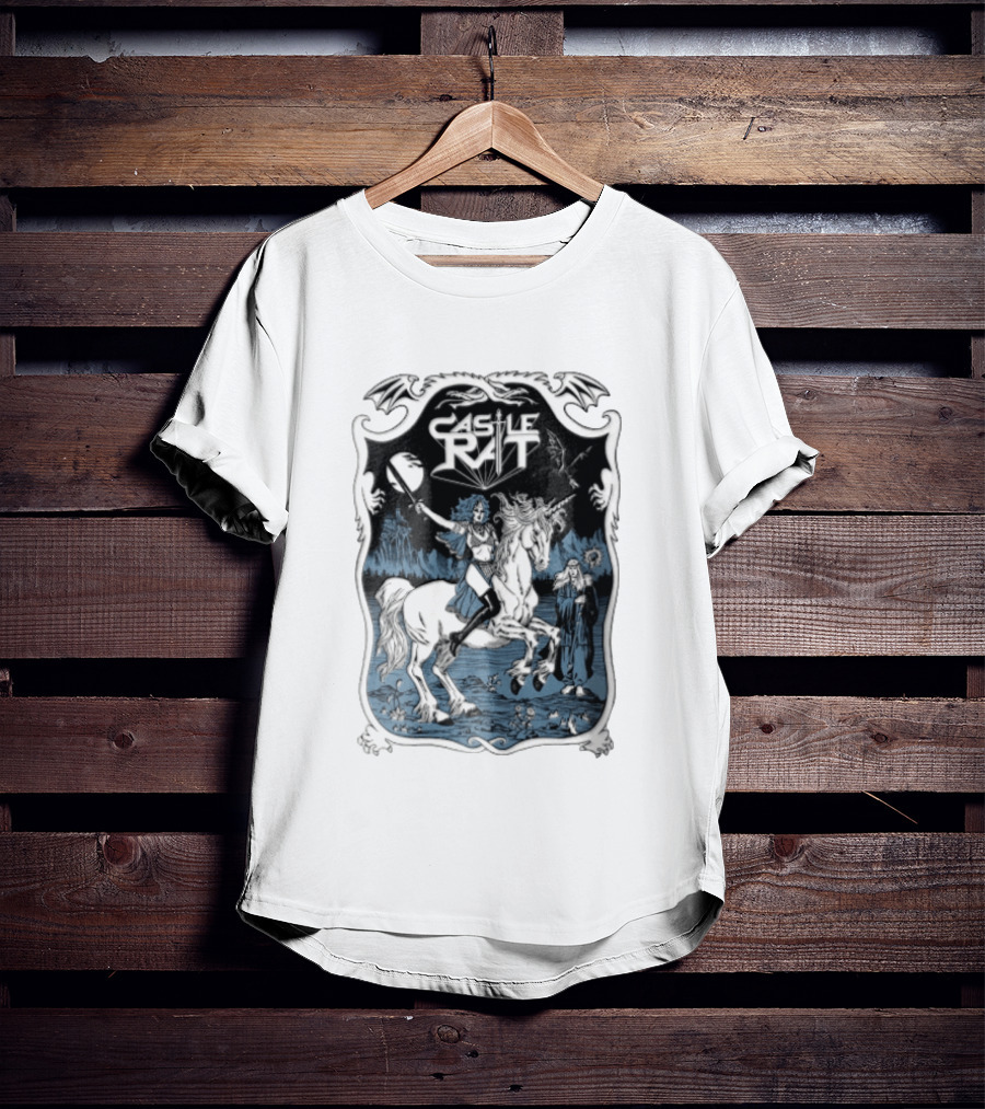 Castle Rat Warrior Woman Riding Unicorn Wizard Fantasy Scene T-Shirt