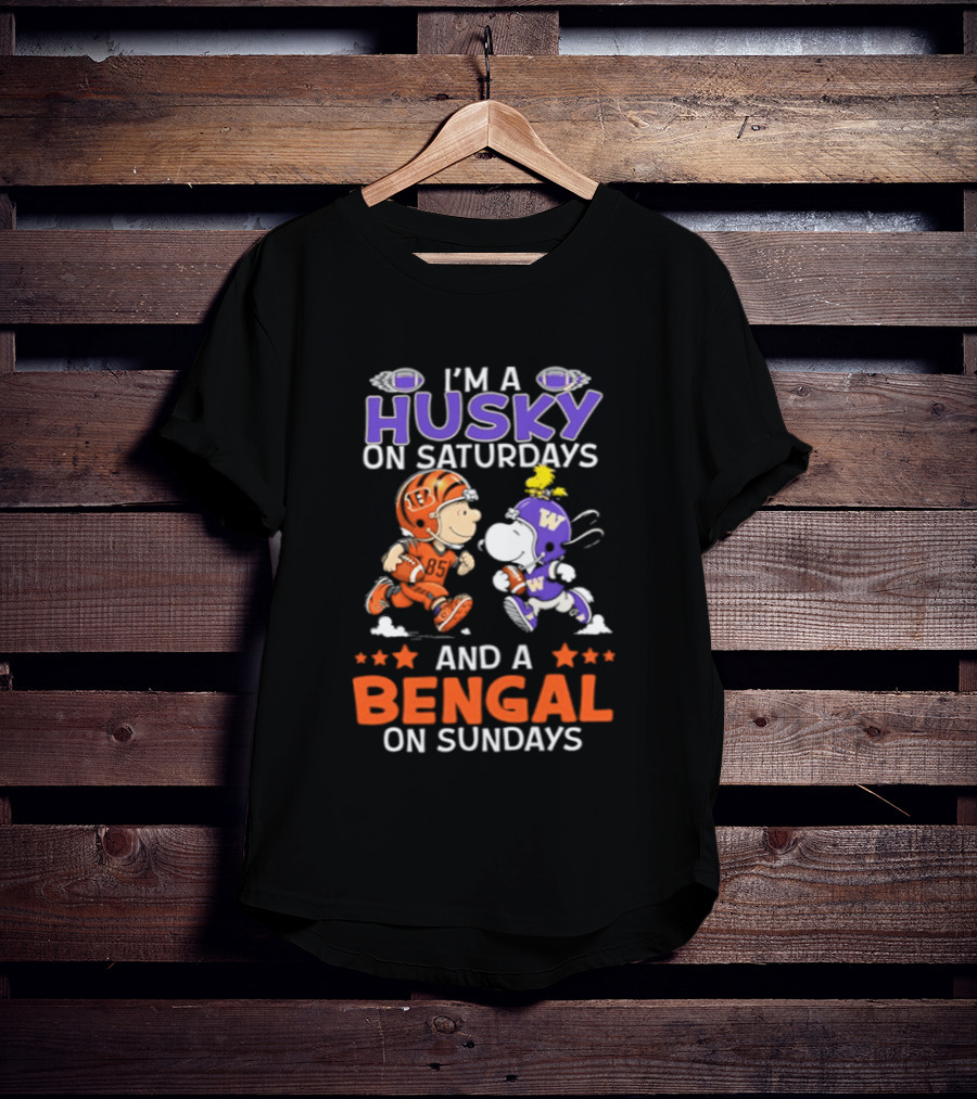 I'm A Husky On Saturdays And A Bengal On Sundays Snoopy And Charlie Brown Football Fan Days T-Shirt