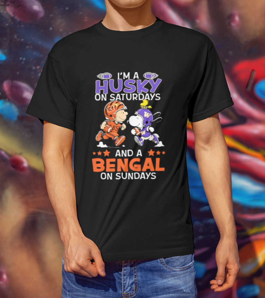 I'm A Husky On Saturdays And A Bengal On Sundays Snoopy And Charlie Brown Football Fan Days T-Shirt