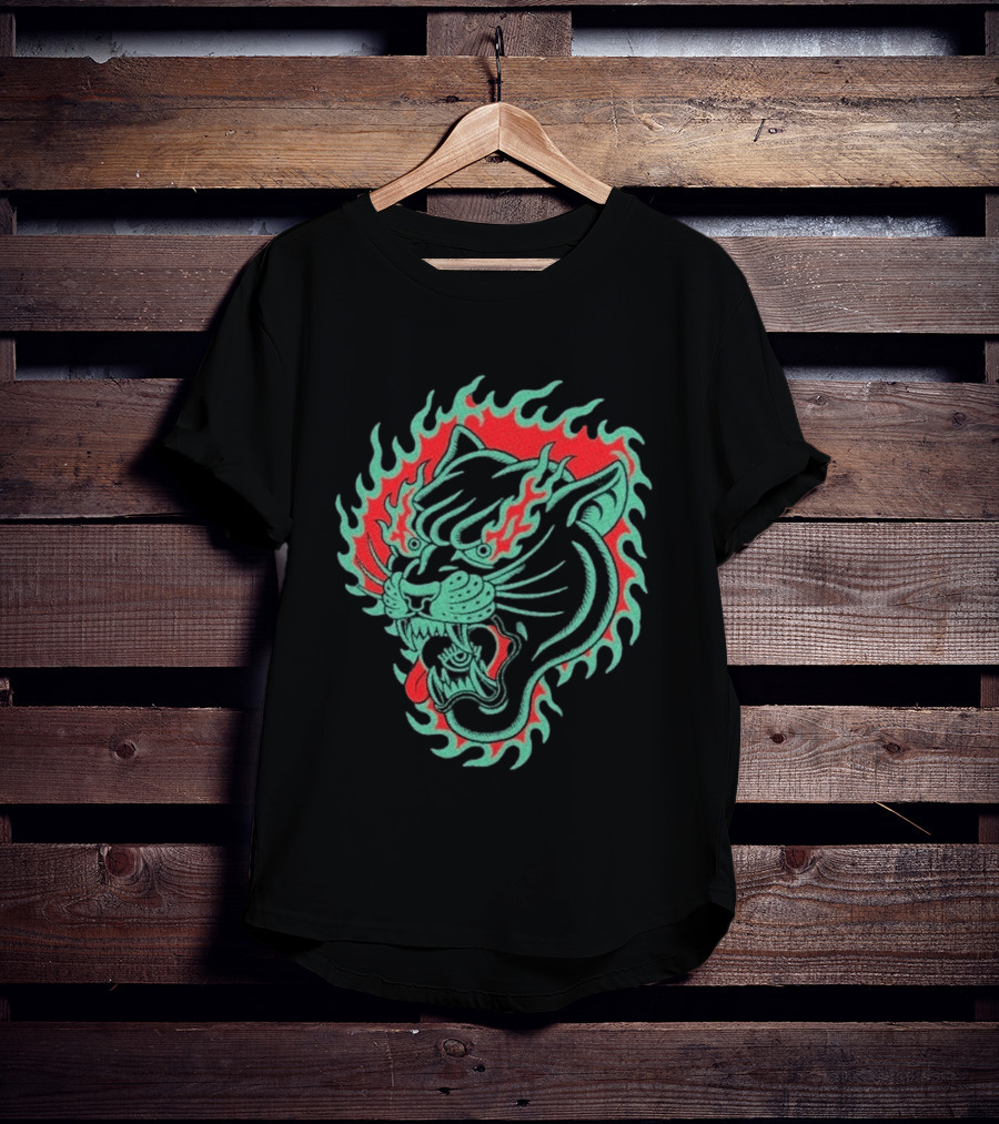Bad Monday Panther Bite Heavy Flaming Green Red Panther T-Shirt