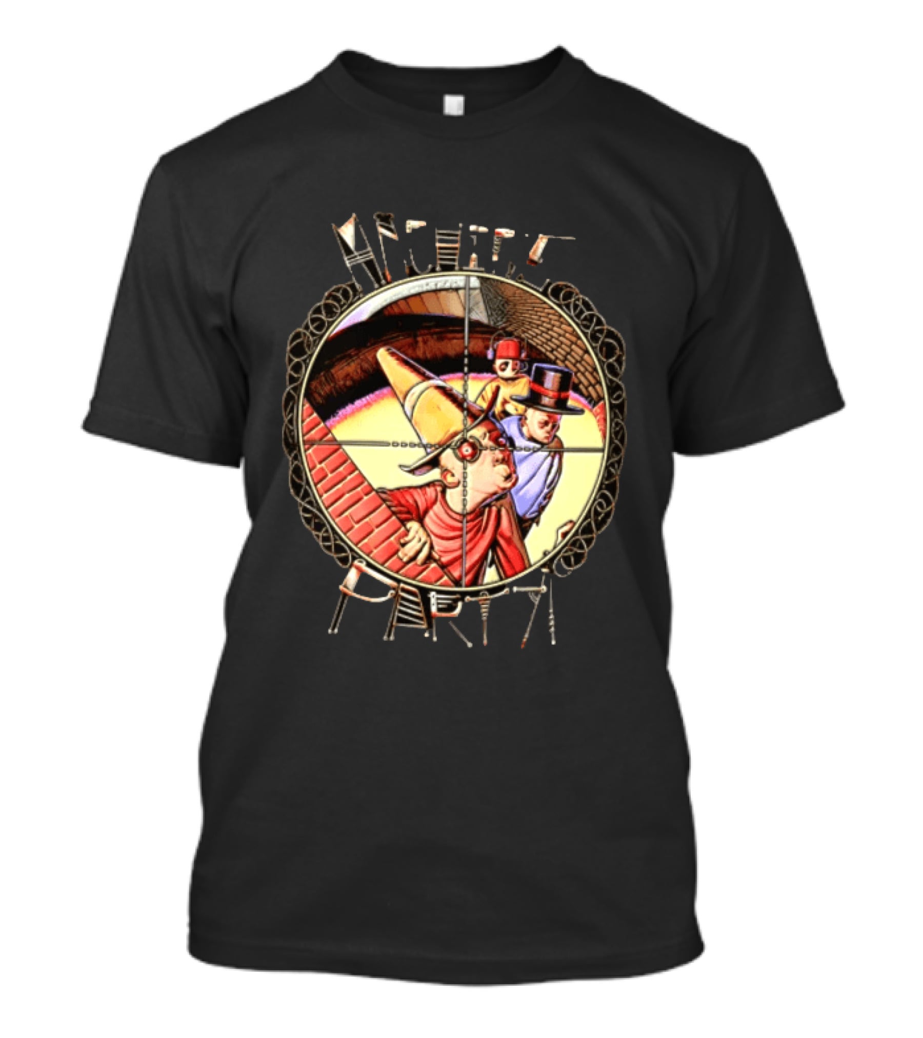 Machine Party Surreal Dark Fantasy Dystopian Vintage Cartoon Target Crosshair T-Shirt