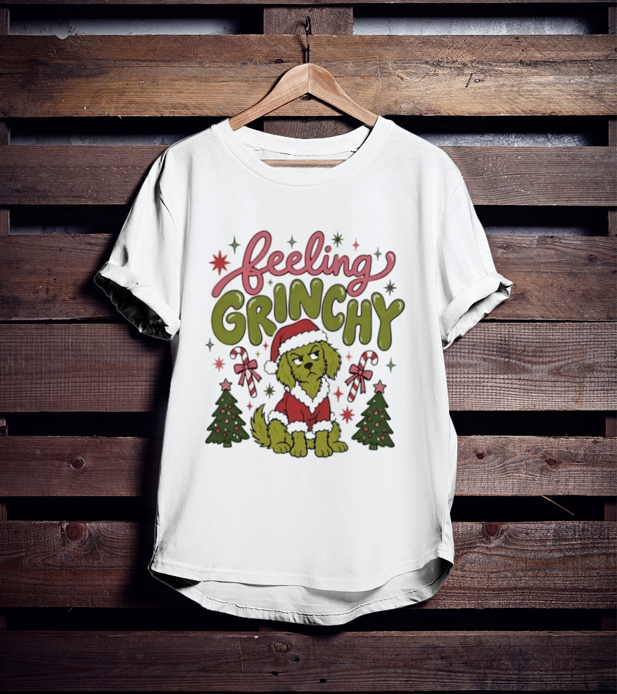 Feeling Grinchy Dog Christmas Santa Hat Candy Canes Trees T-Shirt