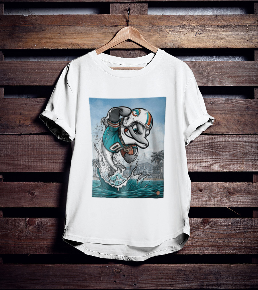 Miami Dolphins Garo Yepremian Fins Up 1972 Cartoon Dolphin Helmet Football T-Shirt