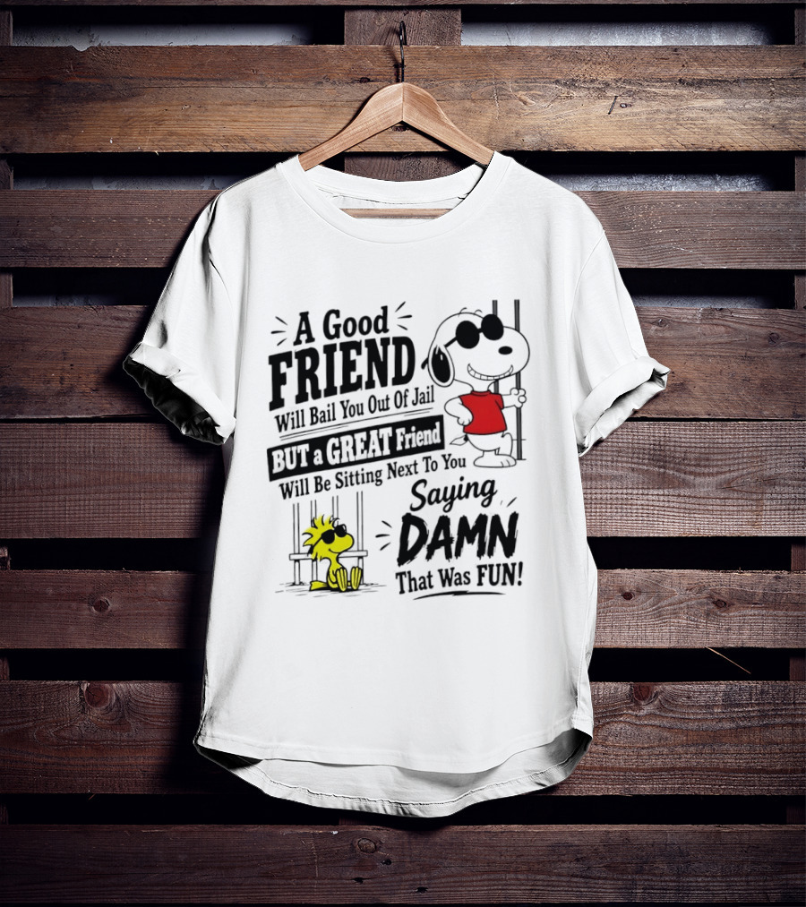 Snoopy And Woodstock A Good Friend Will Bail You Out Of Jail A Great Friend Will Be Sitting Next To You Saying Damn That Was Fun T-Shirt