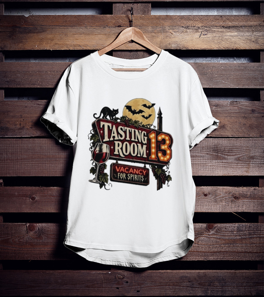 Tasting Room 13 Vacancy For Spirits Halloween Wine Moon Bats Cat T-Shirt