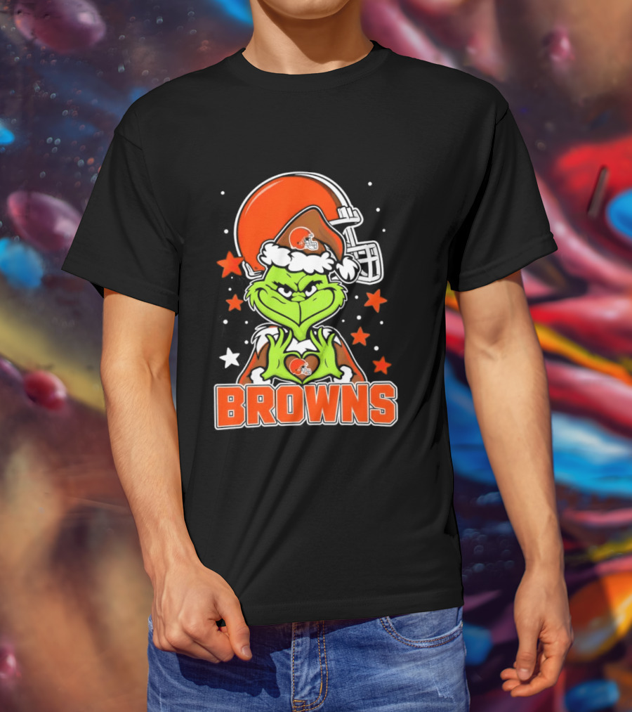 Grinch Heart Love Cleveland Browns Christmas Football T-Shirt