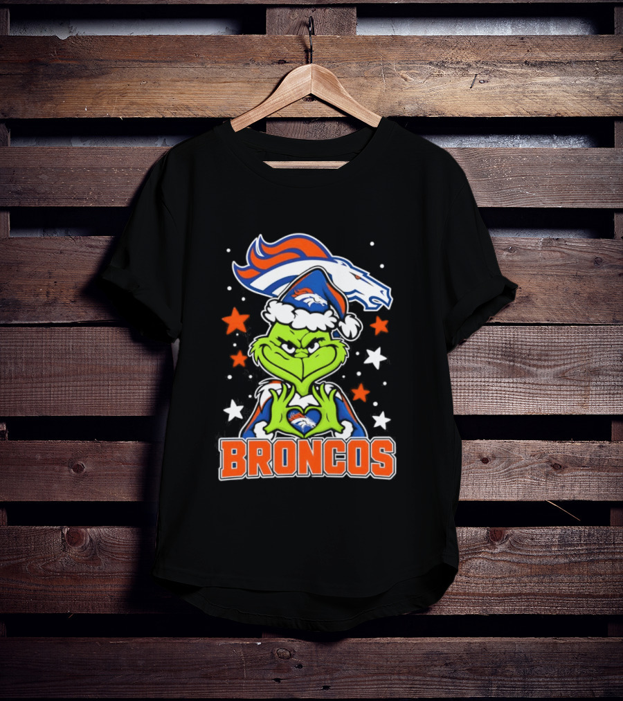 Broncos Christmas Grinch Heart Hands Love Denver Football T-Shirt