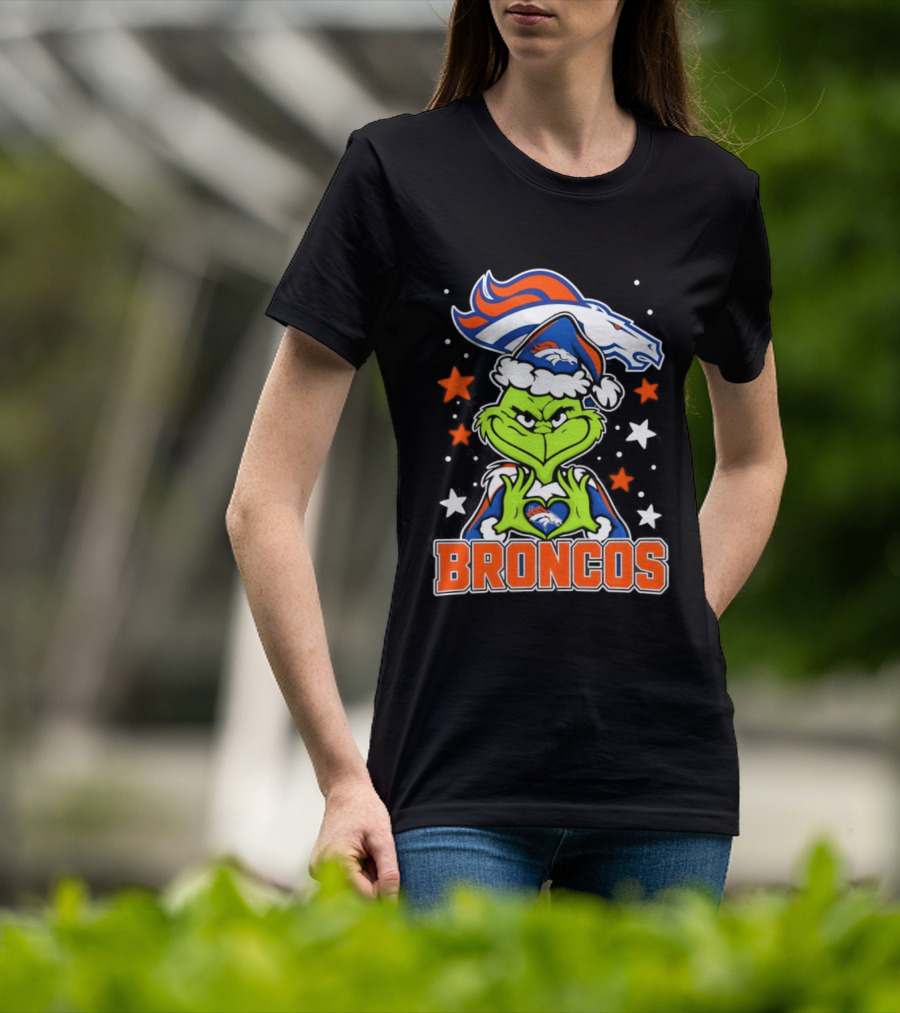 Broncos Christmas Grinch Heart Hands Love Denver Football T-Shirt