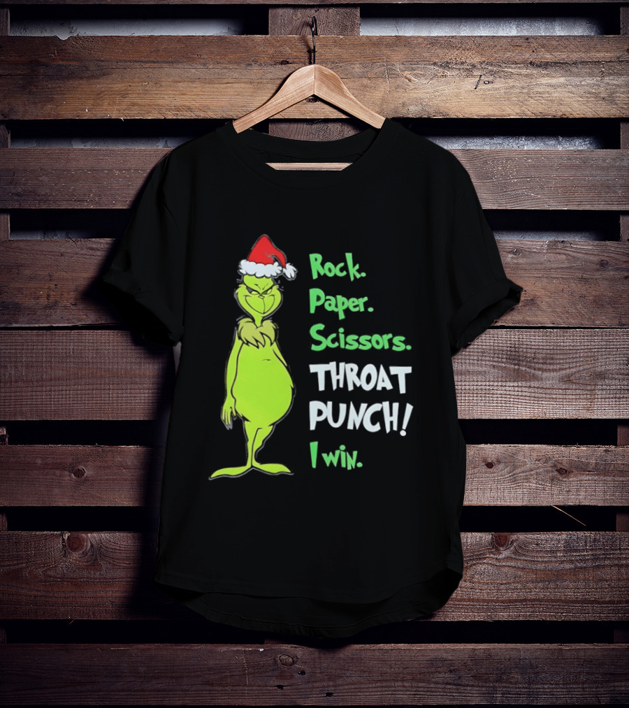 Rock Paper Scissors Throat Punch I Win Grinch With Santa Hat T-Shirt